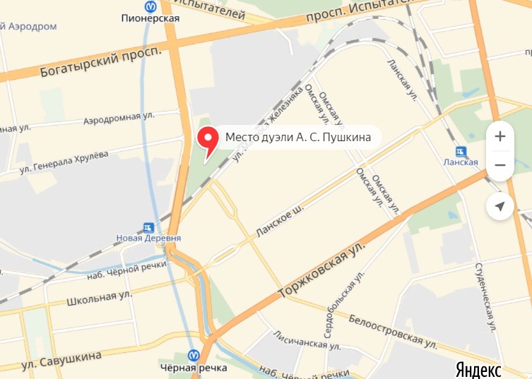 Место дуэли Пушкина на карте